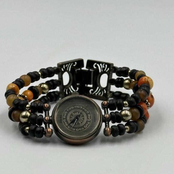 3/$30 Fiera Watch Women Brass Tone Black Beaded Wooden Band New Battery 6.5 Inch - Picture 1 of 15